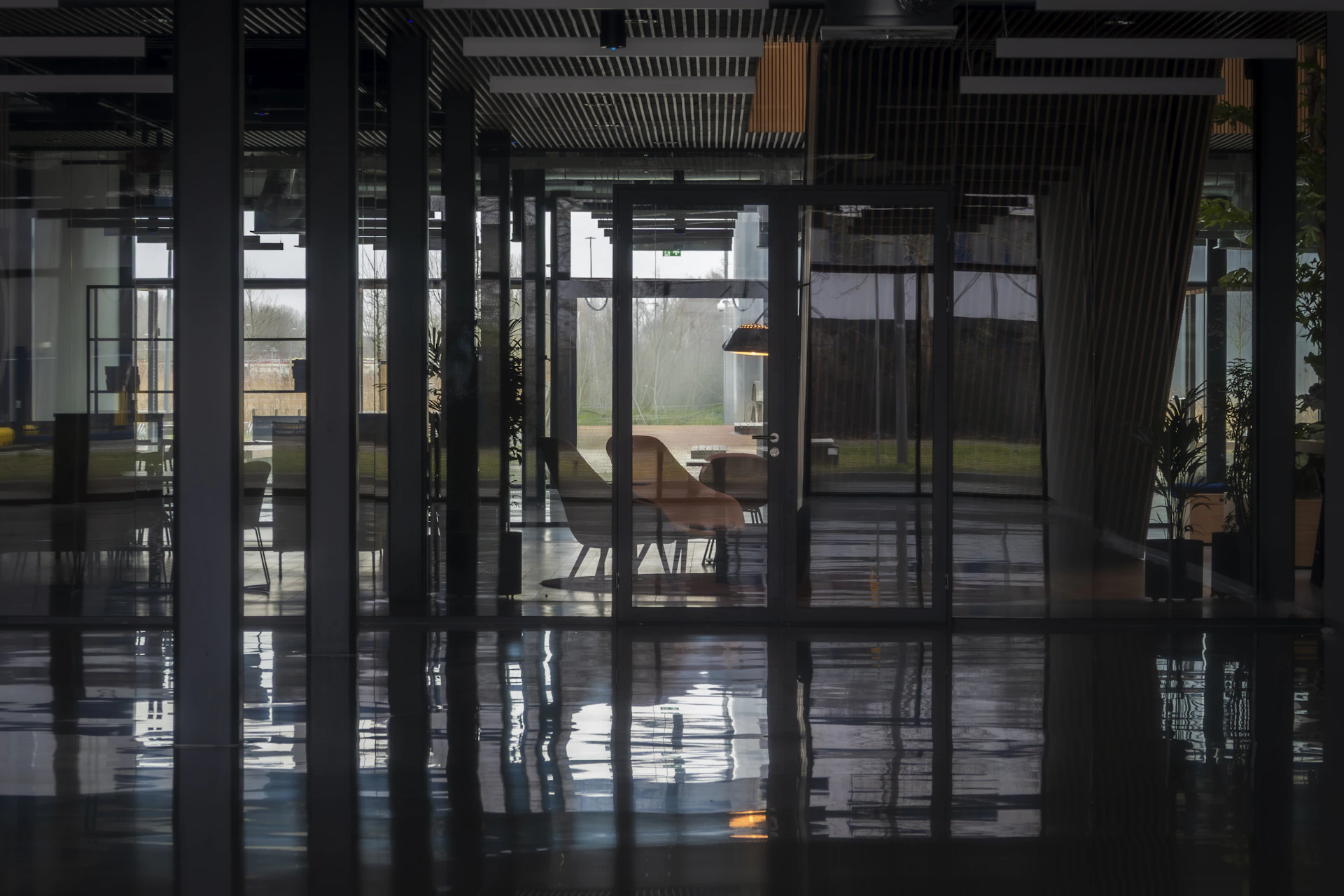 Photograph of a glass-walled office and its reflections